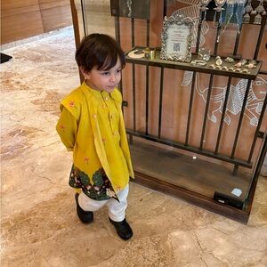 Bright Yellow Kid Kurta and jacket with Floral Accents